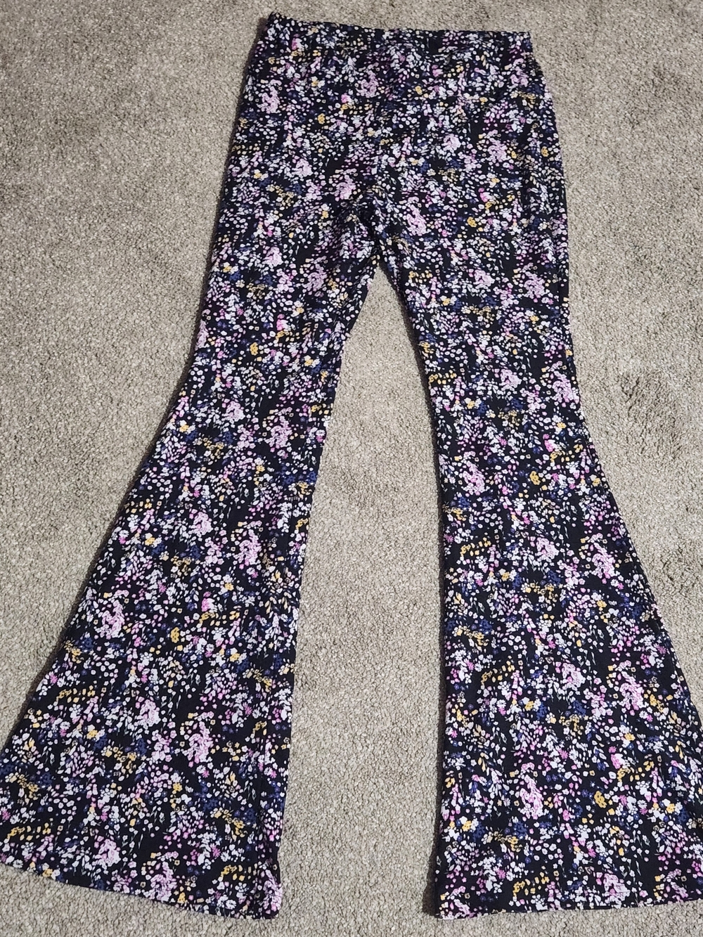 No Boundaries Ditsy Black Floral Flare pants with Pink, Purple and Yellow Print